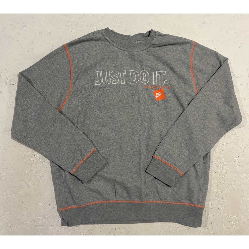 Nike Just Do It Crewneck Sweatshirt Gray Orange Trim Mens Large DD6196-063
